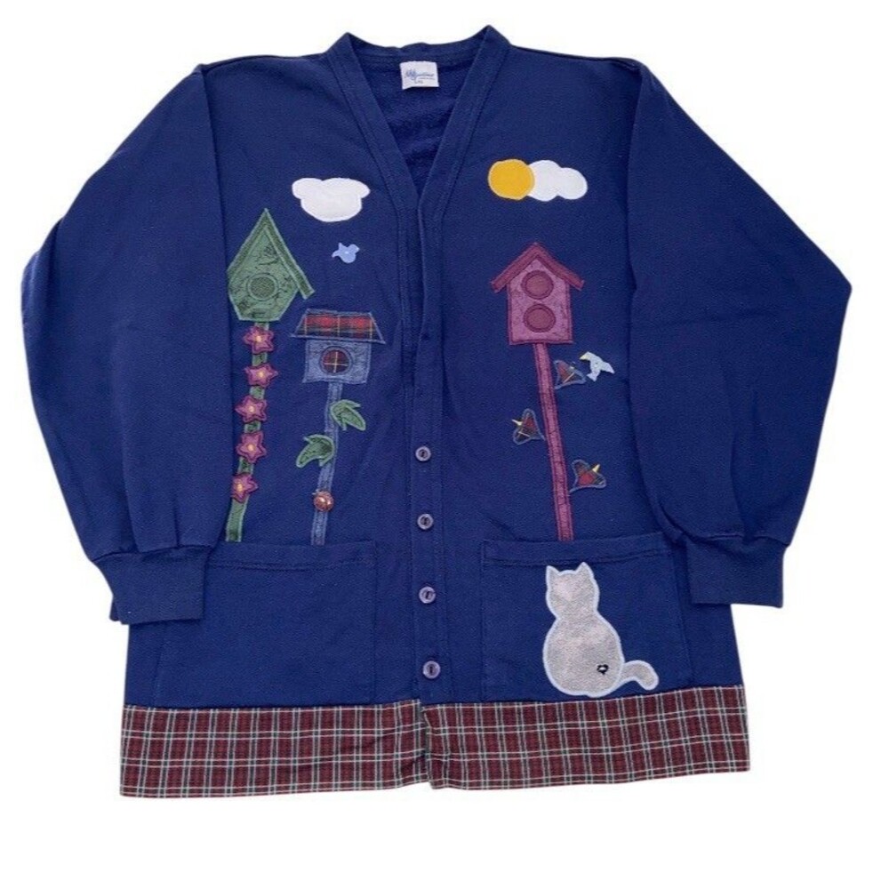 Vintage Bird Cardigan Sweater Women's Large Embroidered Grannycore Cat Lady